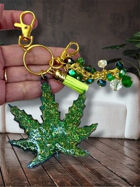 Purse Keychain, Green Glitter Resin, Cannabis Leaf Keychain with Beaded Tassel